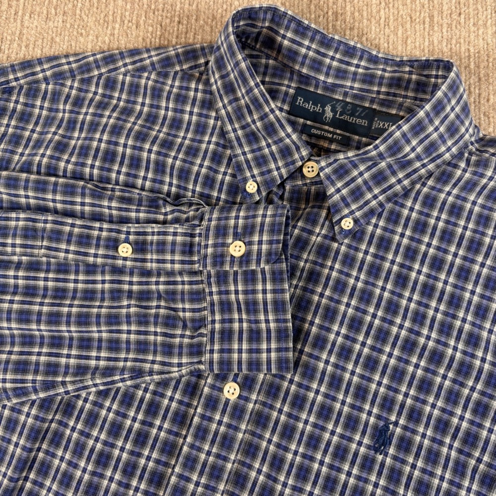 Ralph Lauren Blue Gray Custom Fit Plaid Button Down Shirt Men's Size XXL EUC